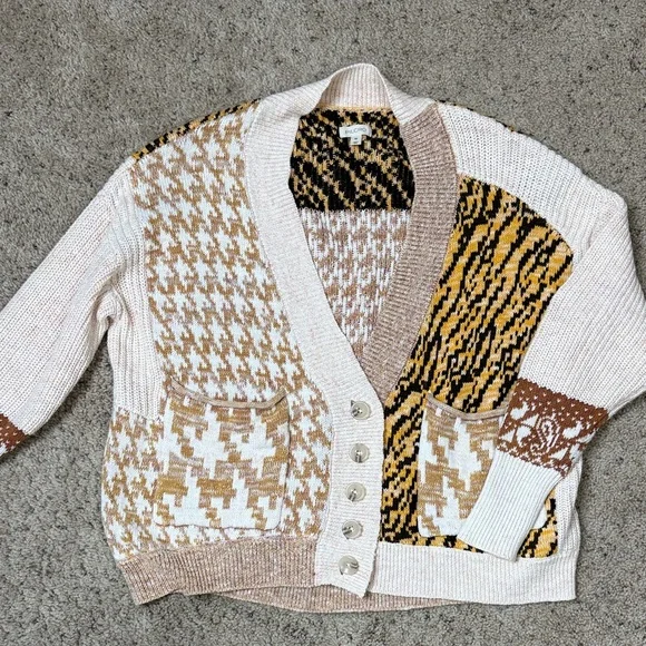 Pilcro by Anthropologie Cream and Brown Patterned Cardigan XS - Picture 2 of 7